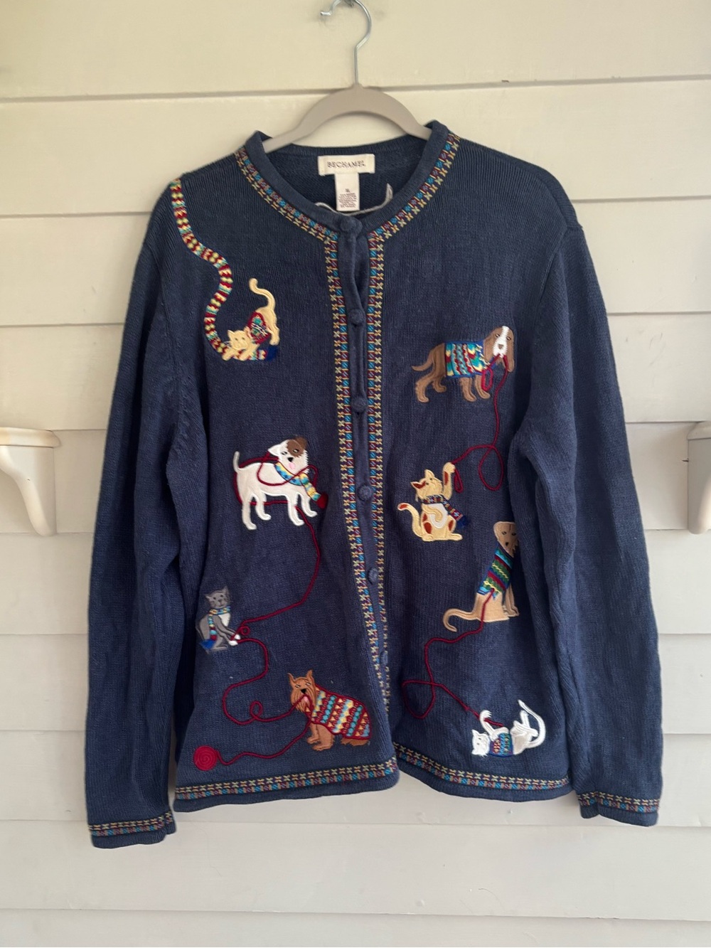 Bechamel Vintage Cats and Dogs Embroidered Knit Button Sweater Women’s Size XL